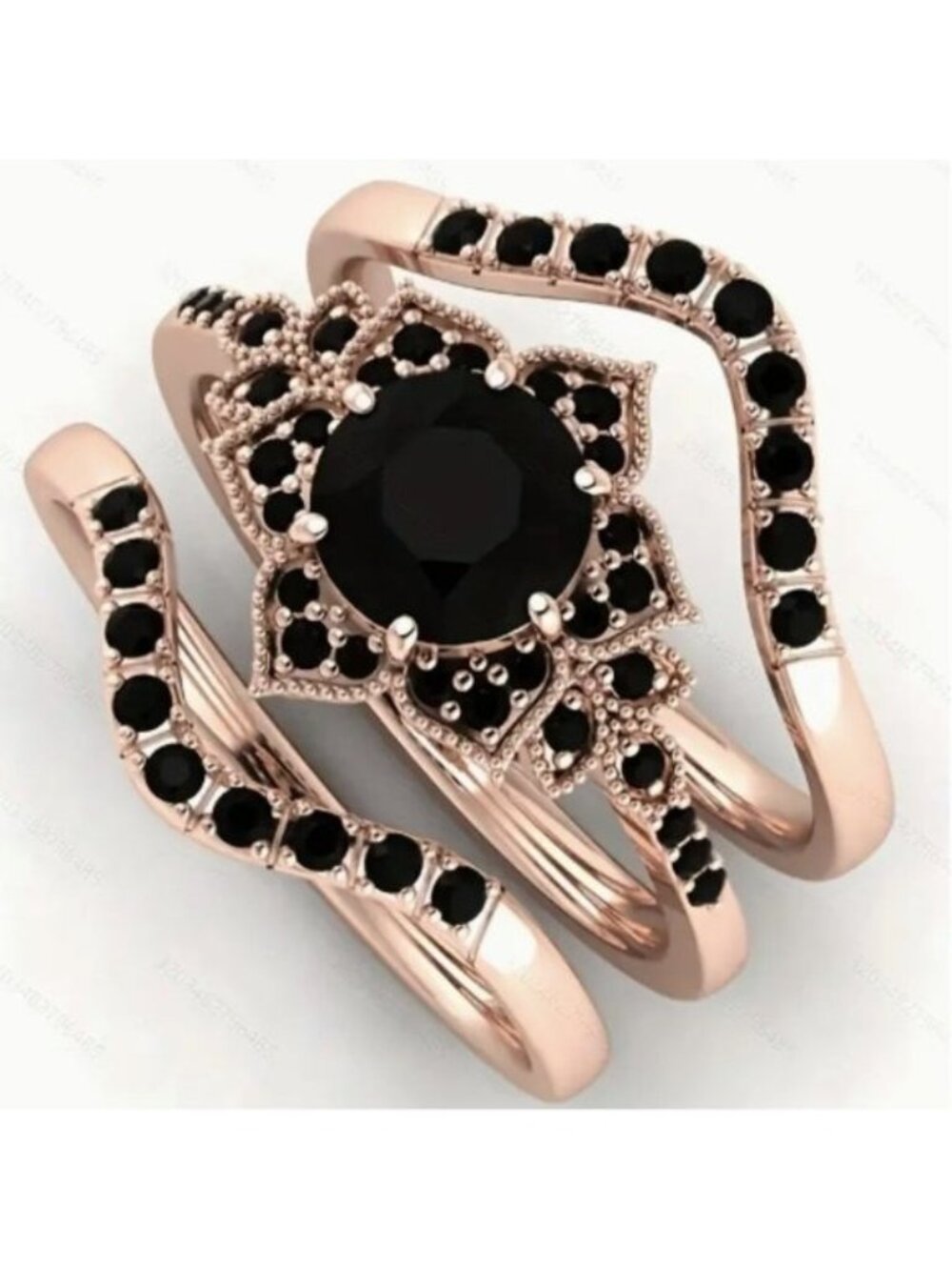 14k Rose Gold Plated Stacked Black Diamond Flower Rings Set Sizes 5,7,9,10,11